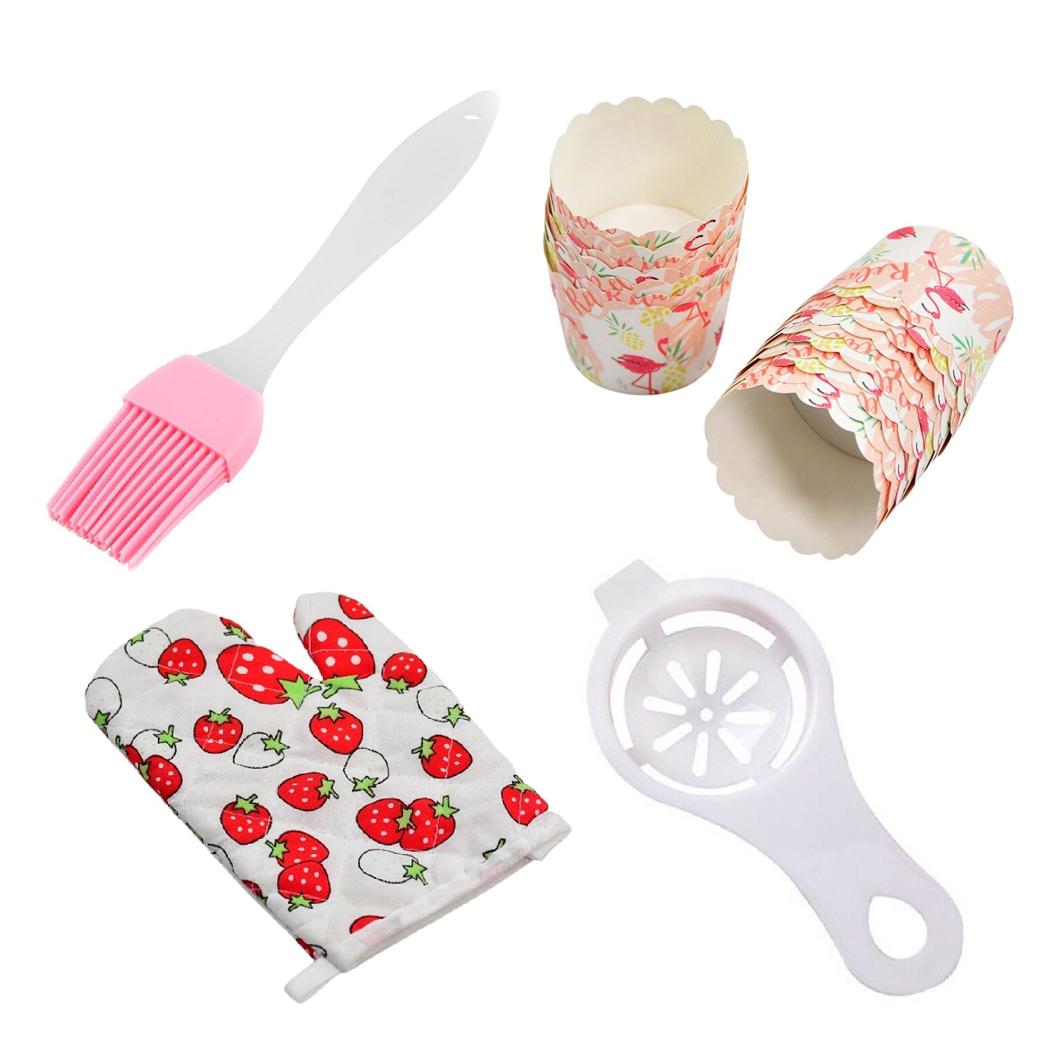 2943 4pc kitchen tools 1pc spatula brush 1pc oven glove 1pc egg yolk separator and paper cup set of 25pcs DeoDap 2943 4pc kitchen tools 1pc spatula brush 1pc oven glove 1pc egg yolk separator and paper cup set of 25pcs DeoDap
